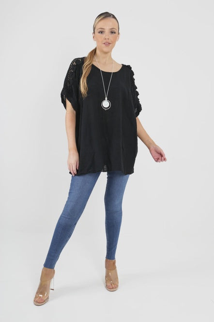 Audrina -Floral Embroidered Top - Navy