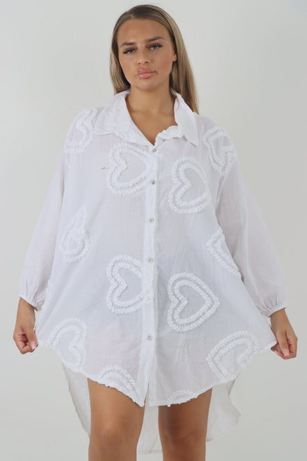Lila - Multi Heart Cotton Shirt Dress - White