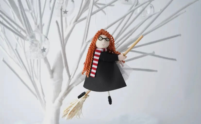 Young Witch Girl Flying on a Broomstick Tree Decoration