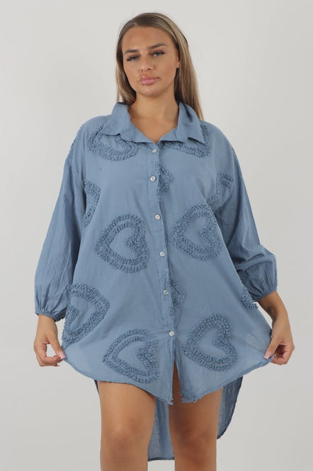 Lila - Multi Heart Cotton Shirt Dress - Denim