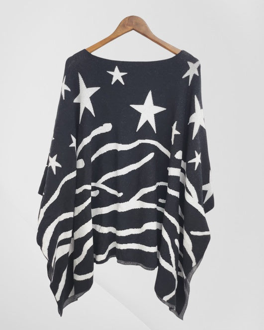 Bailey -Star Print Boat neck Poncho - Black