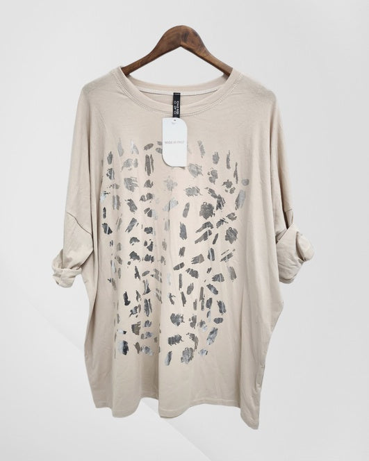 Olivia - Long Sleeve Foil Print Top - Beige