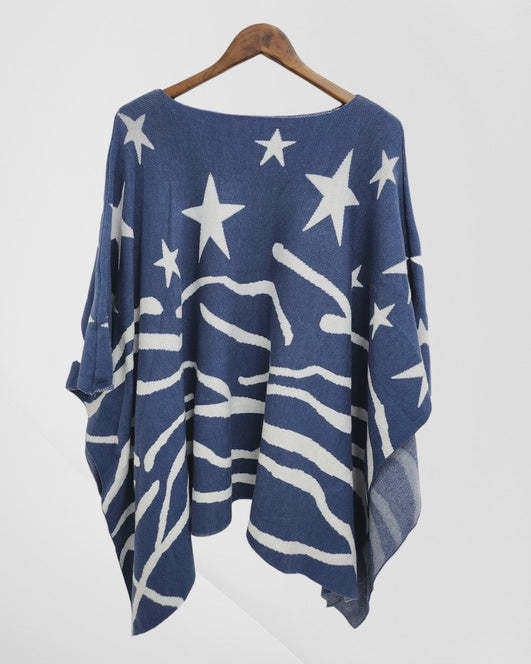 Bailey - Star Print Boat Neck Poncho - Denim