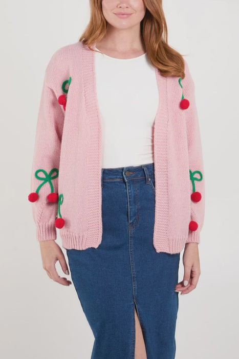 Cherry Embroidered Knit Cardigan Pink