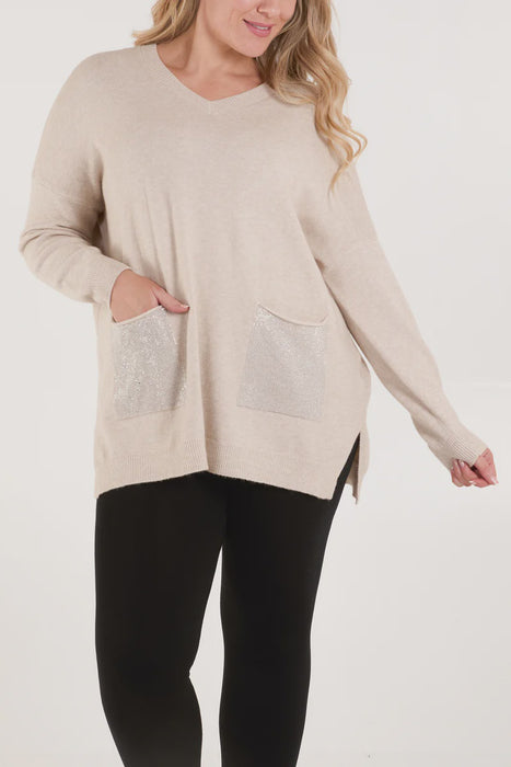 Sparkle Pockets V Neck Jumper