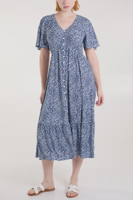 Ditsy Leaf Pattern Midi Dress Button Front