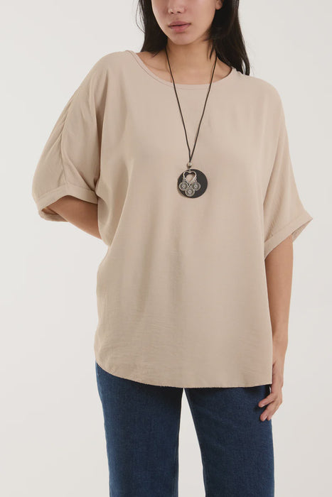 Shona - Beige Short Sleeve Blouse and Necklace