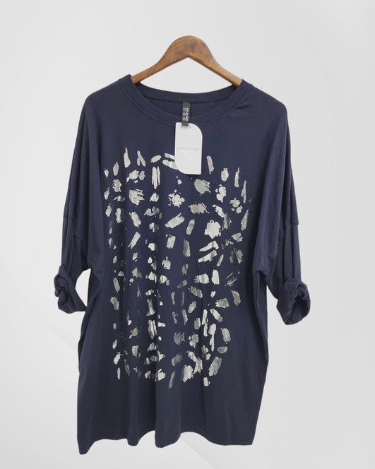 Olivia - Long Sleeve Foil Print Top - Navy