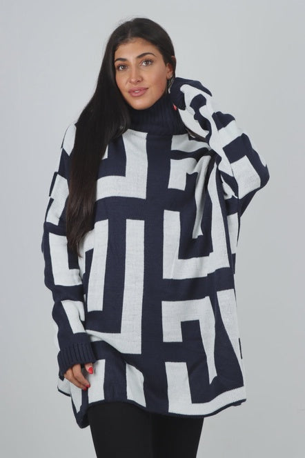 Felicity - High Neck Fendi Print - Navy