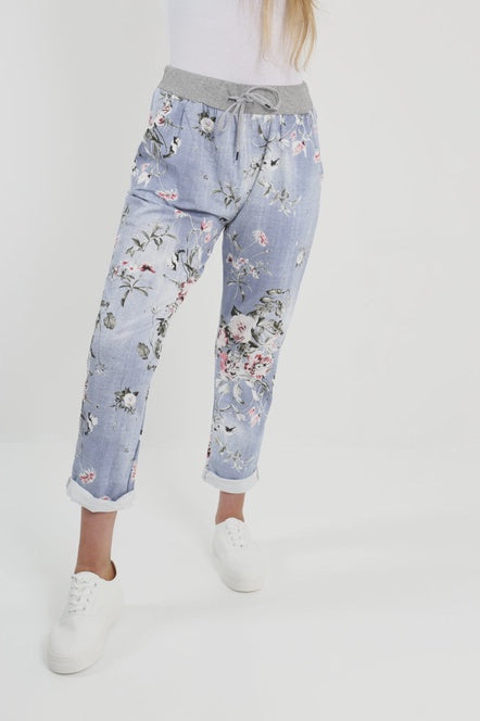 Flora - Italian Leaf Floral Cotton Trouser - Light Wash
