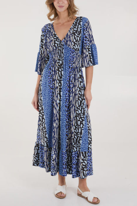 Mixed Animal Print Shirred Midi Dress