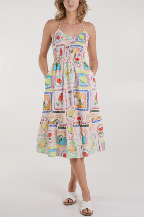 Fruit Print Halter Neck -Shirred Dress