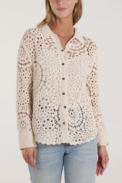Mandala Crochet Scallop Shirt -Stone
