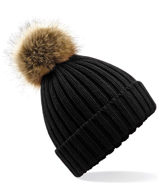 Black Fur Pom Pom Chunky Beanie b412