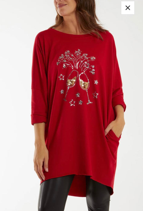 Sequin Glass Christmas Top Red