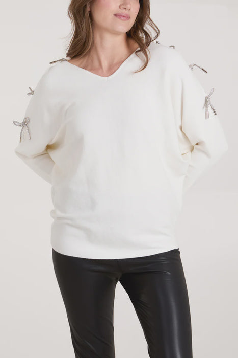 Glitter Bow Sleeve Cut out Jumper -Ivory
