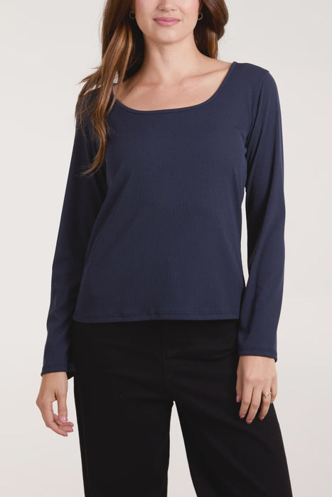 Scoop Neck Ribbed Top - Navy