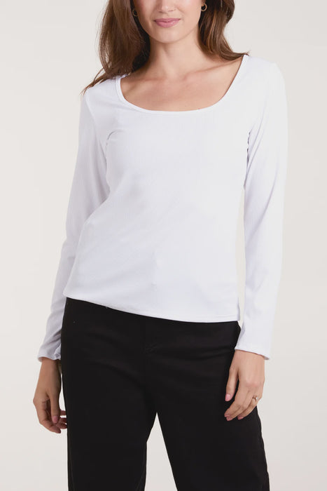 Scoop Neck Ribbed Top -White