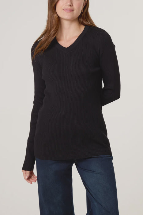 V Neck Ribbed Top Long Sleeve Black