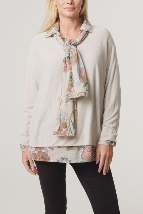 Scarf Double Layer Knit Jumper -  Stone