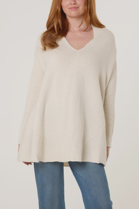 V neck Longline Knit Jumper - Cream