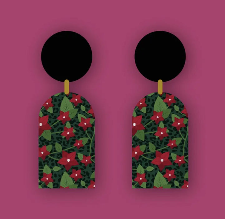 Wooden Leopard Poinsettia Statement Earrings