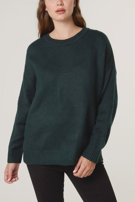 Green Ribbed Round Neck Jumper