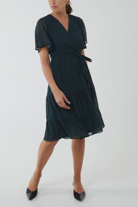 Flutter Sleeve Wrap Tie Midi Dress - Flo