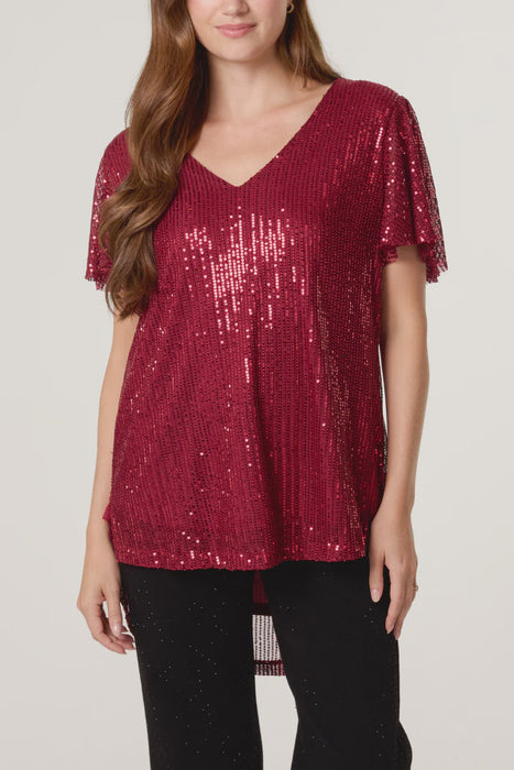 Angel Sleeve V Neck Sequin Top -Wine
