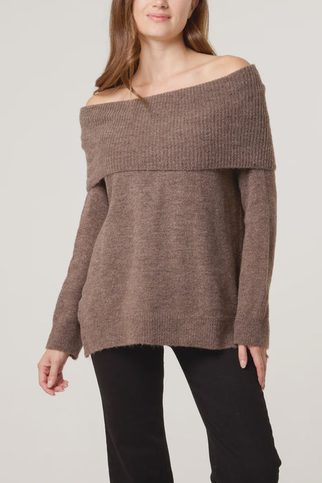 Off The Shoulder Wool Blend Jumper -Mocha