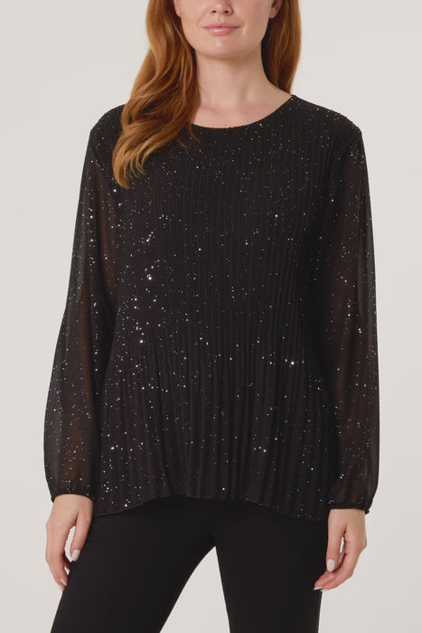 Glitter Pleated Long Sleeve Blouse - Black
