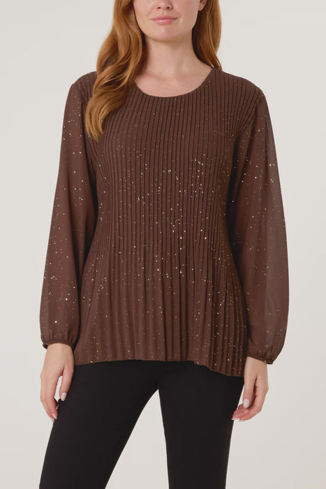 Glitter Pleated Long Sleeve Blouse - Chocolate
