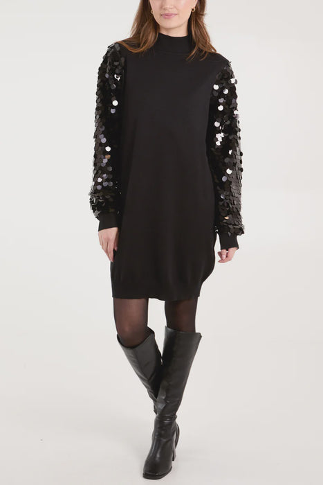 Sequin Sleeve Turtle Neck Jumper Dress