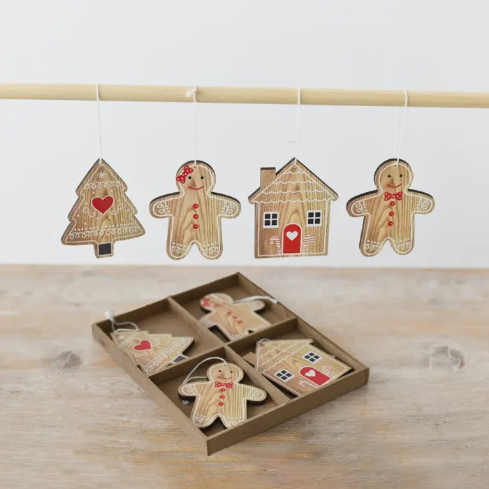 Pack of 8  Wooden Gingerbread Hanging Decorations
