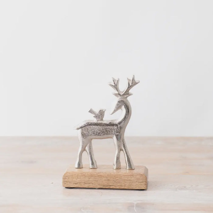 Silver Reindeer on Wooden Base 17cm