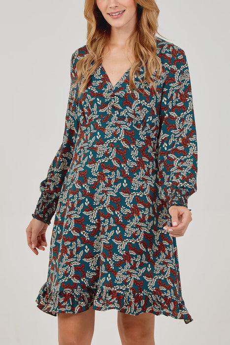 V neck Peplum Hem Long Sleeve Midi Dress - Fern