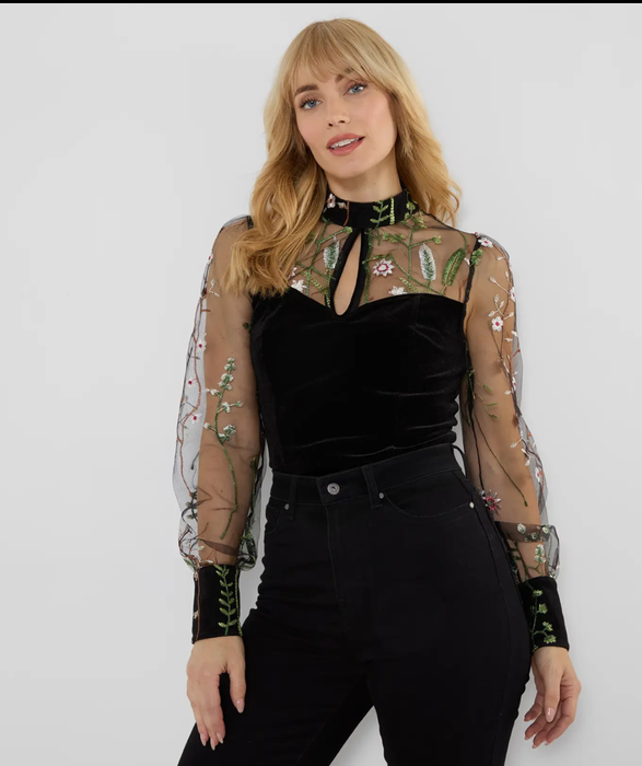 High Neck Velvet Top with Embroidered mesh sleeves