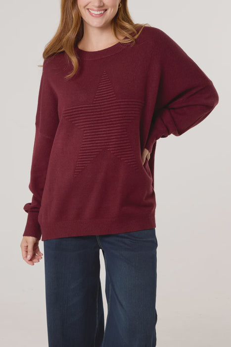 Ribbed Star Fine Knit Jumper - Burgundy