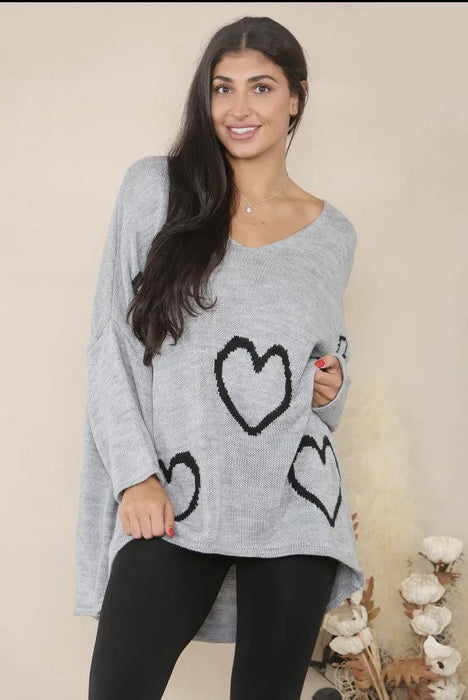 Relaxed Fit Jumper with Hearts Grey
