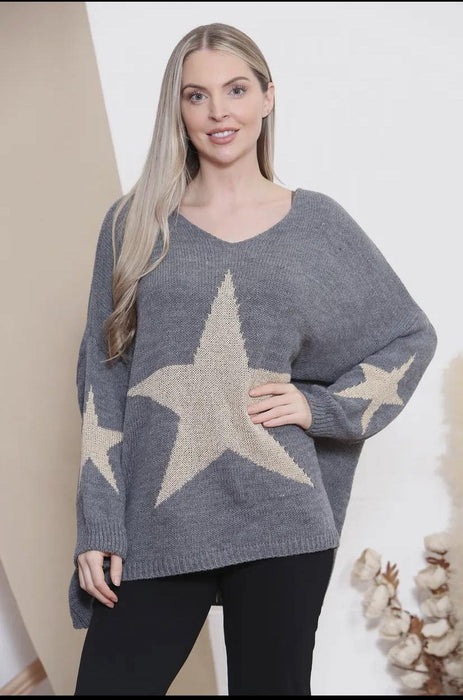 Loose Knit Star Print Jumper - Grey