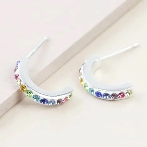 Sterling Silver Rainbow Crystal Hoop Stud Earrings
