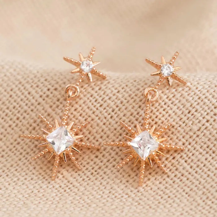 Crystal Double Star Drop Earrings in Rose Gold
