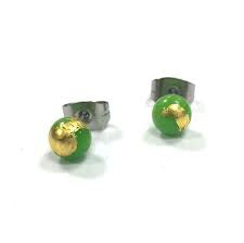 Apple Green and Gold Handmade Glass Stud Earrings